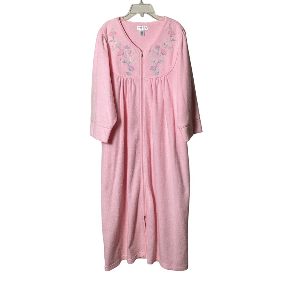 Fundamentals Womens Robe Size Medium Pink Fleece Floral Zip Front Housecoat